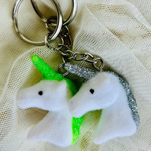 Set of TWO Glittery Green & Silvery Cute Unicorn charm Keychains - Picture 3 of 4